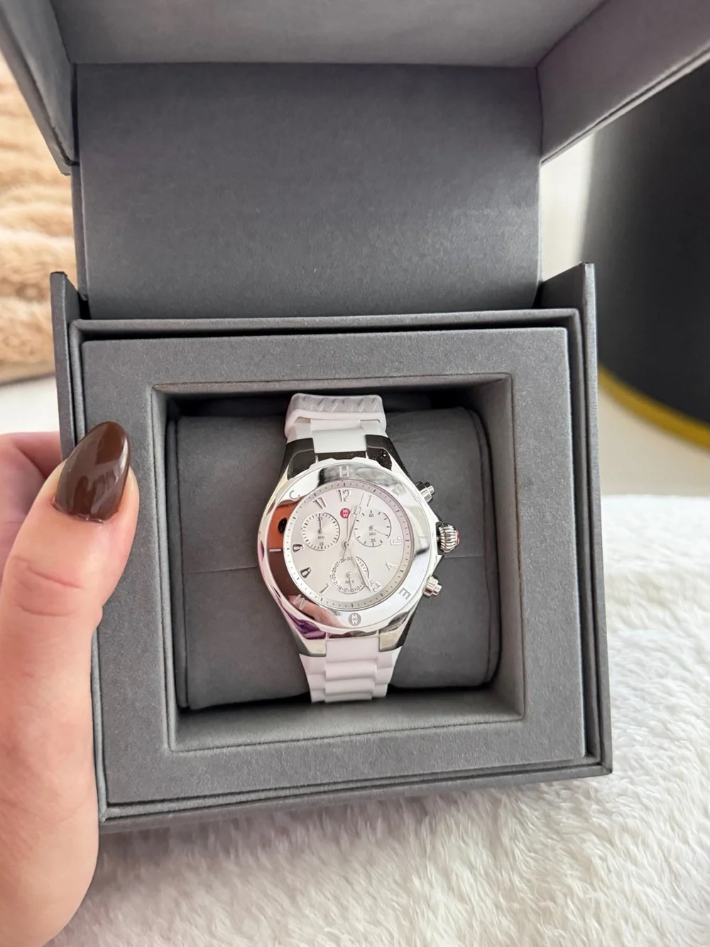 Michele White Chronograph Watch with Silver-Tone Case